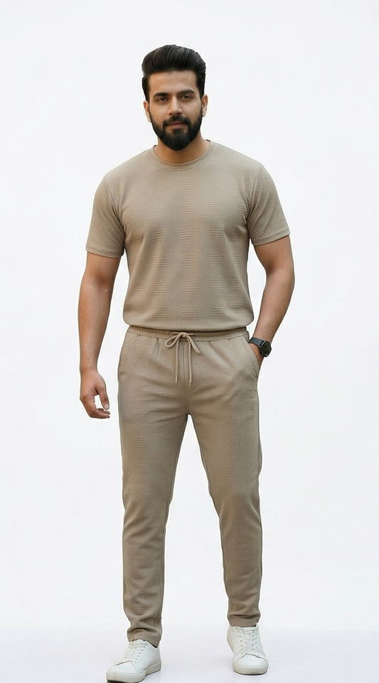Premium Men's Oatmeal Textured Knit 2-Piece T-Shirt & Jogger Set