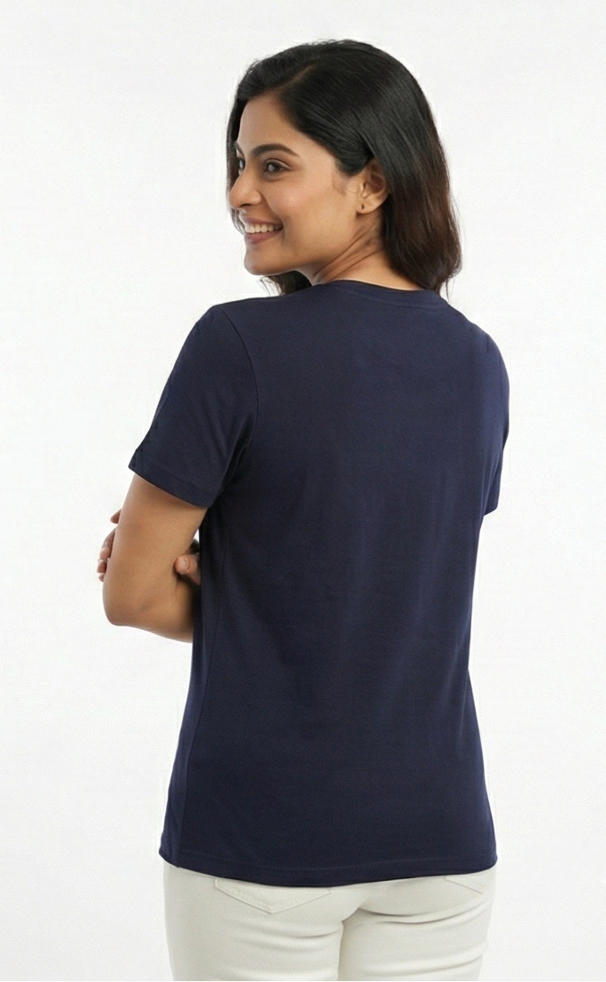 Woman wearing a navy blue t-shirt on a white background