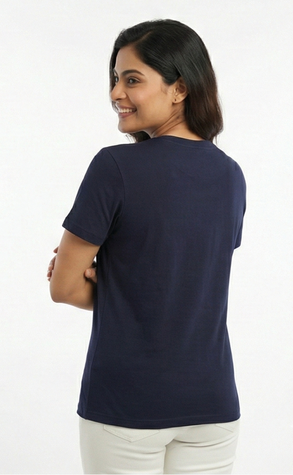 Woman wearing a navy blue t-shirt on a white background