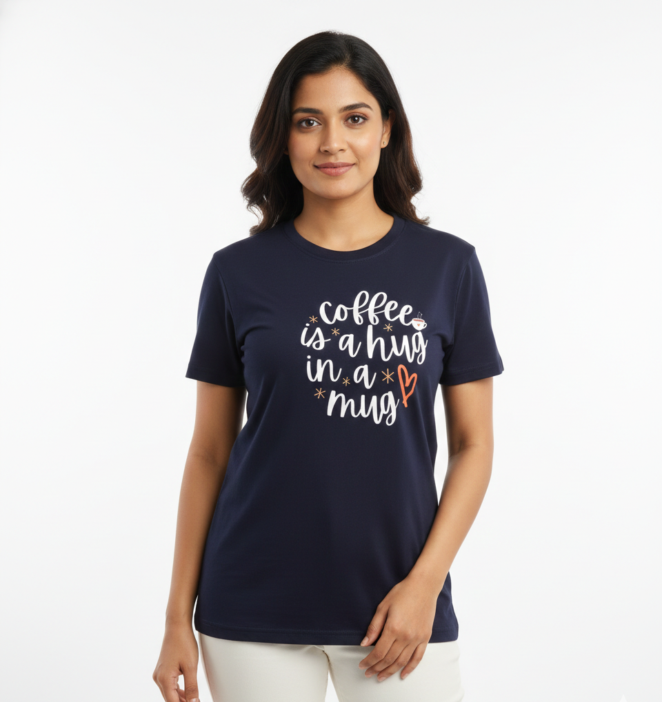 Woman wearing a navy blue t-shirt with text on a white background