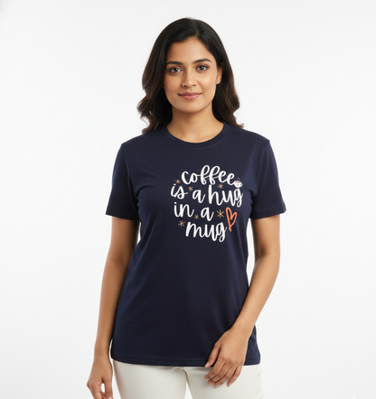 Woman wearing a navy blue t-shirt with text on a white background