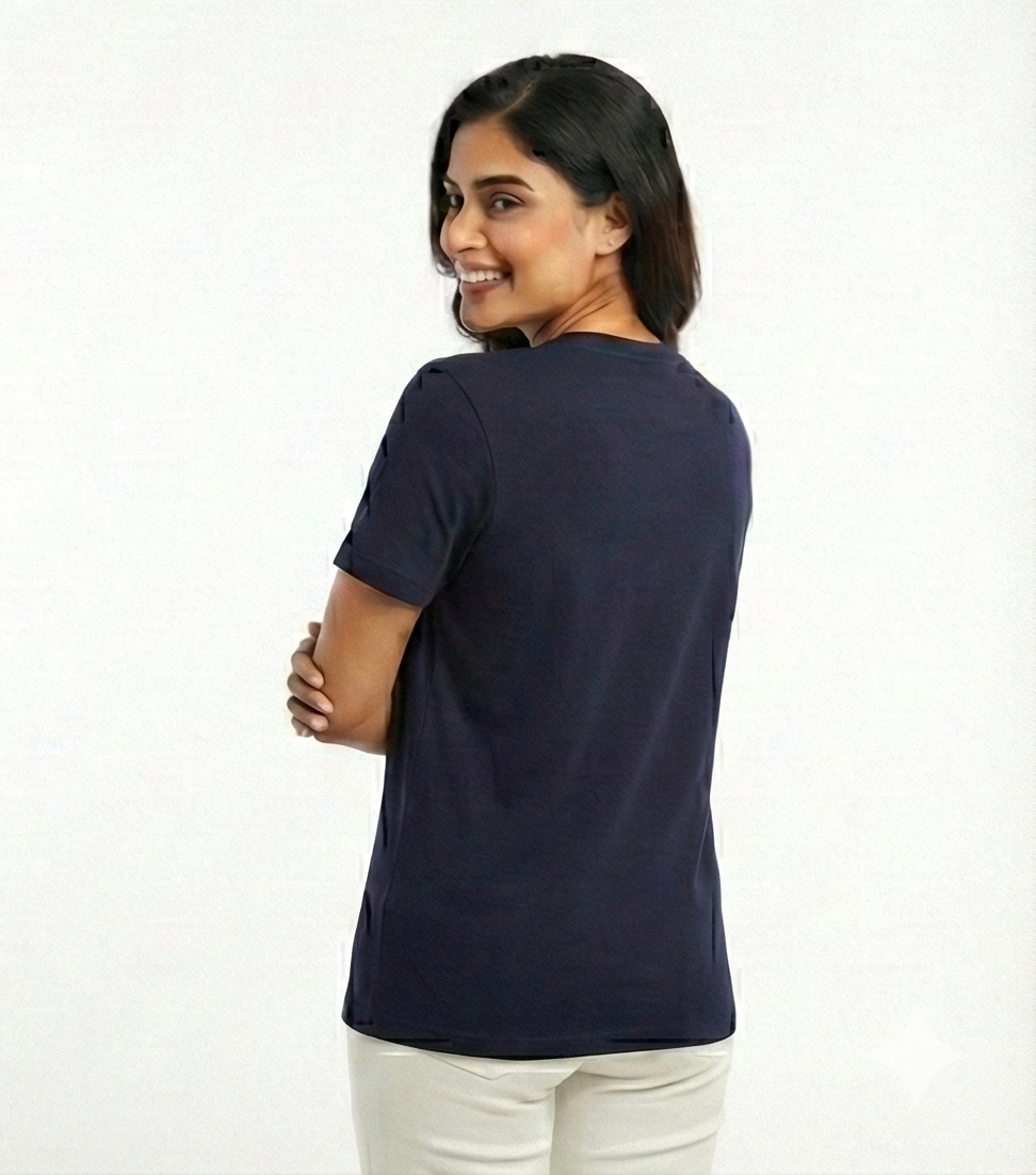 Woman wearing a navy blue t-shirt on a white background