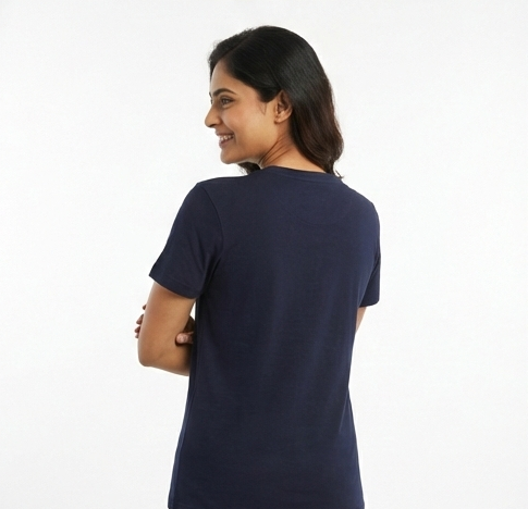 Woman wearing a navy blue t-shirt on a white background