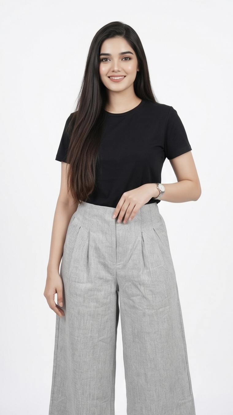 Pleated Wide-Leg Trousers – Heather Grey