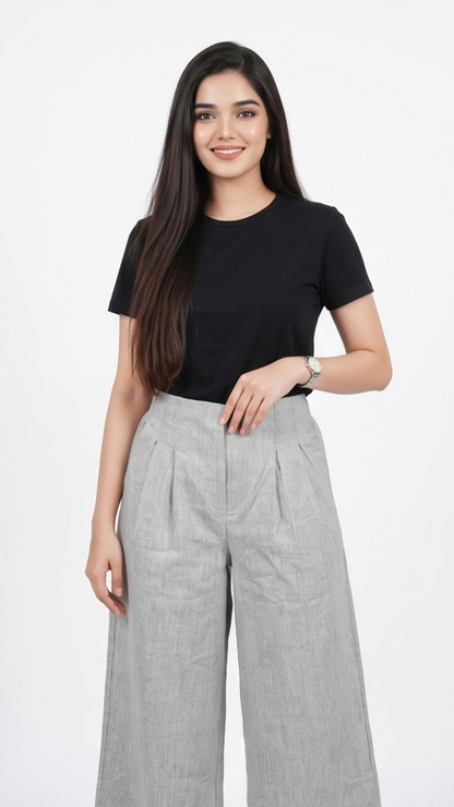 Pleated Wide-Leg Trousers – Heather Grey