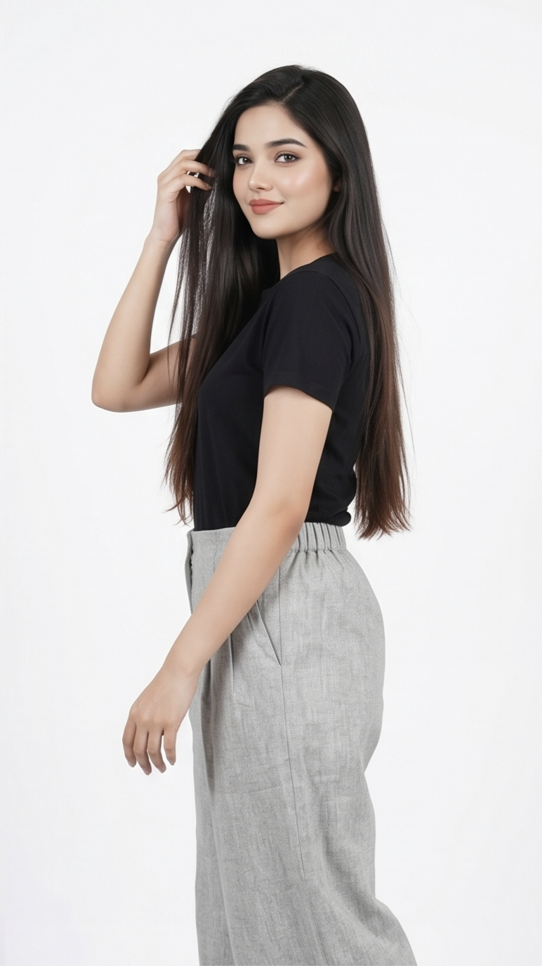 Woman wearing a black top and gray pants on a white background