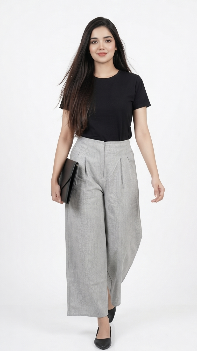 Pleated Wide-Leg Trousers – Heather Grey
