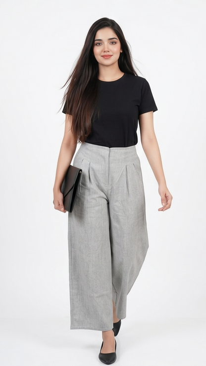 Pleated Wide-Leg Trousers – Heather Grey
