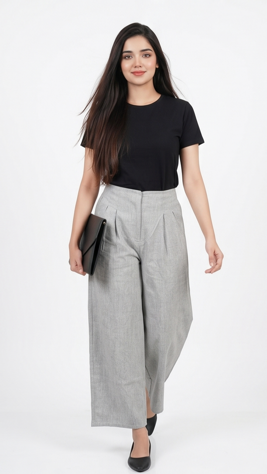 Pleated Wide-Leg Trousers – Heather Grey