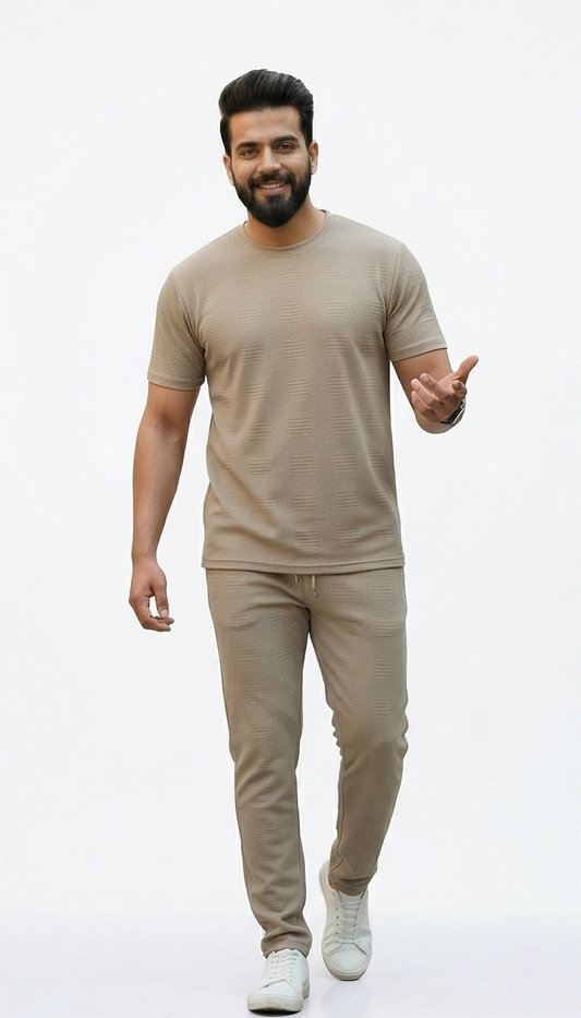 Premium Men's Oatmeal Textured Knit 2-Piece T-Shirt & Jogger Set