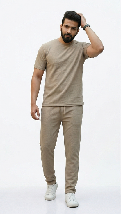Premium Men's Oatmeal Textured Knit 2-Piece T-Shirt & Jogger Set
