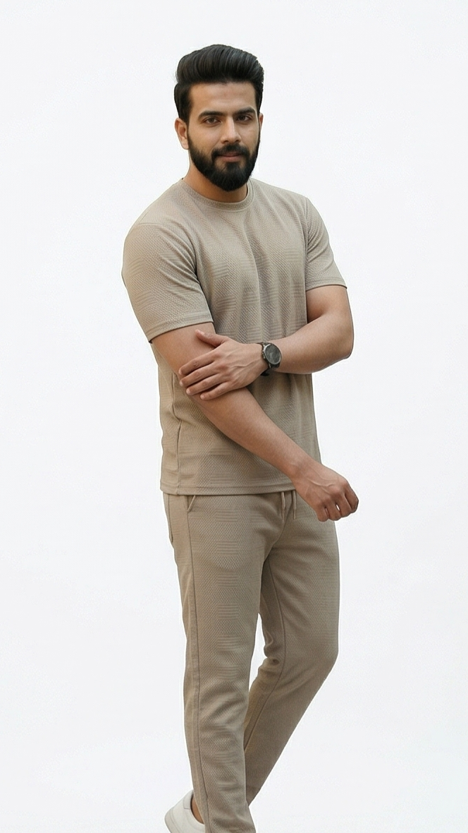 Premium Men's Oatmeal Textured Knit 2-Piece T-Shirt & Jogger Set