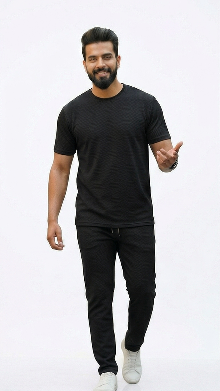 Premium Men's Oatmeal Textured Knit 2-Piece T-Shirt & Jogger Set
