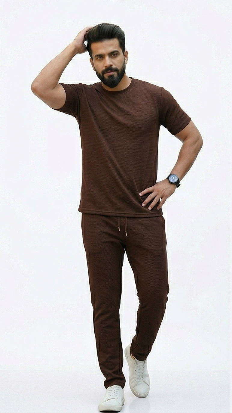 Premium Men's Oatmeal Textured Knit 2-Piece T-Shirt & Jogger Set