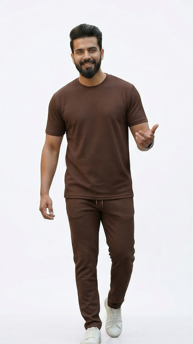 Premium Men's Oatmeal Textured Knit 2-Piece T-Shirt & Jogger Set