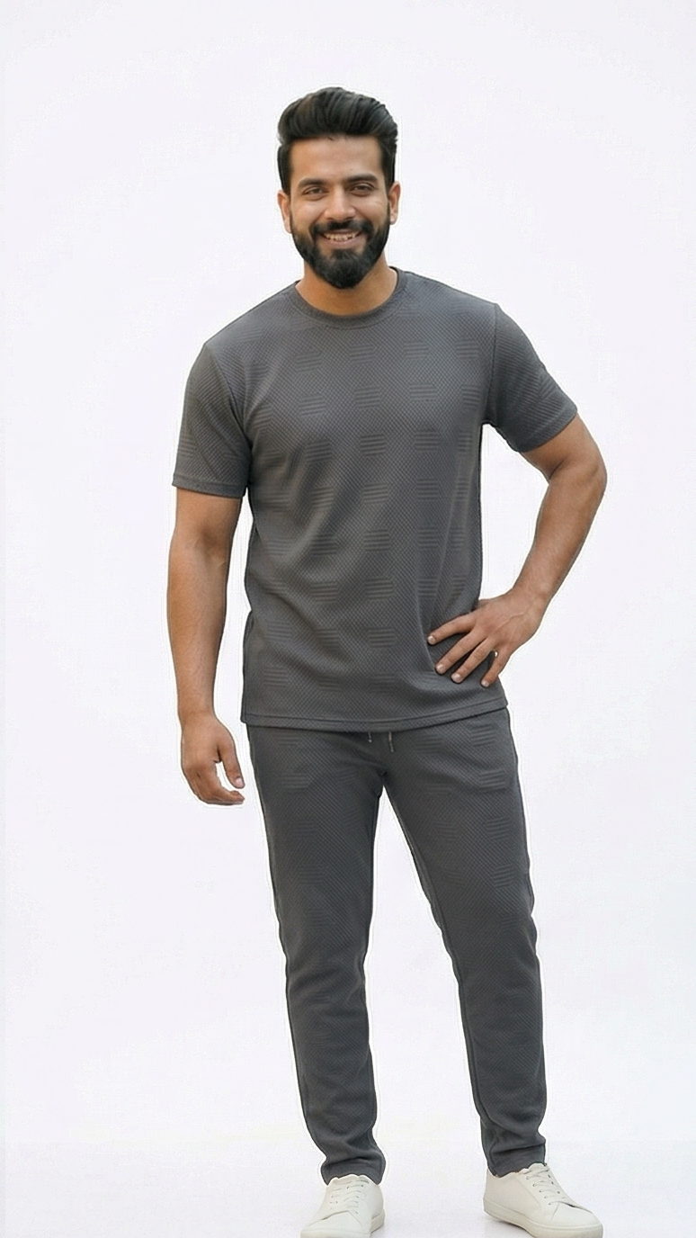 Premium Men's Oatmeal Textured Knit 2-Piece T-Shirt & Jogger Set
