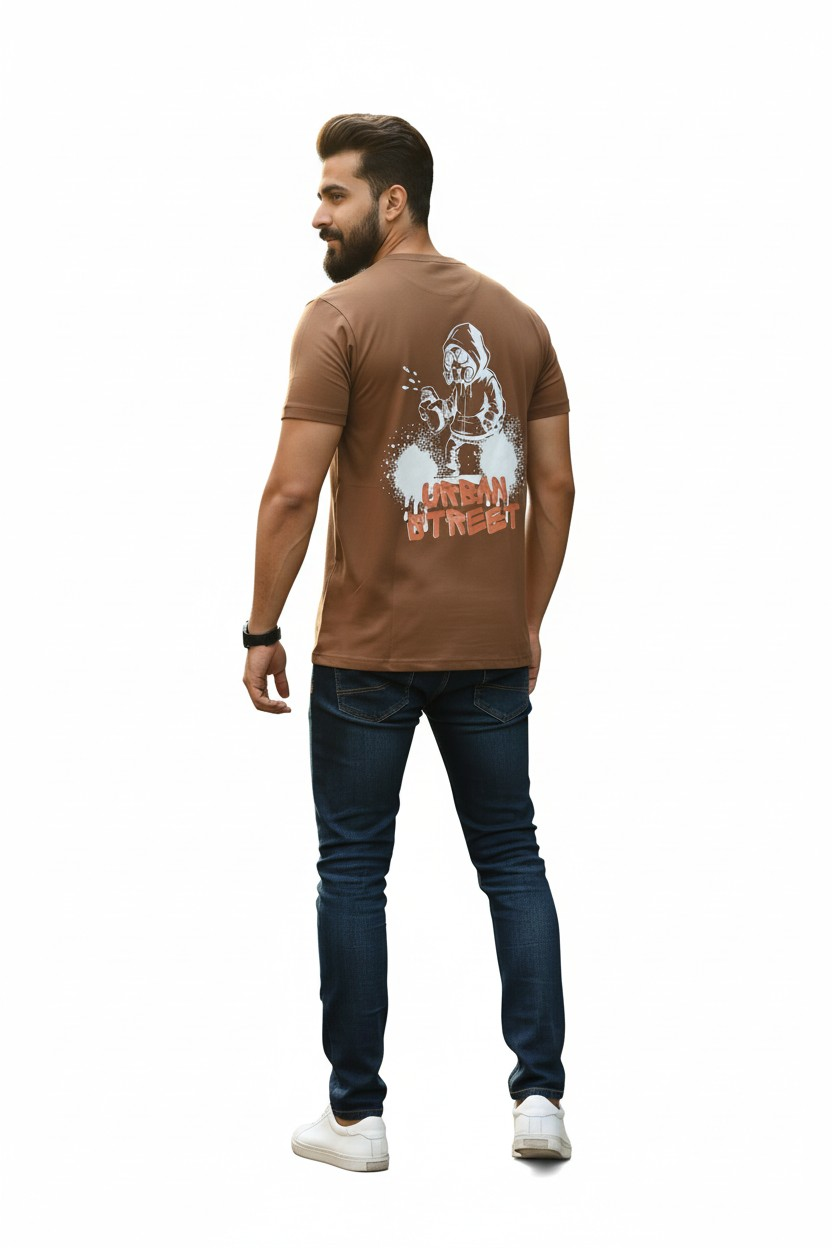 Man wearing a brown t-shirt with a graphic design on a white background