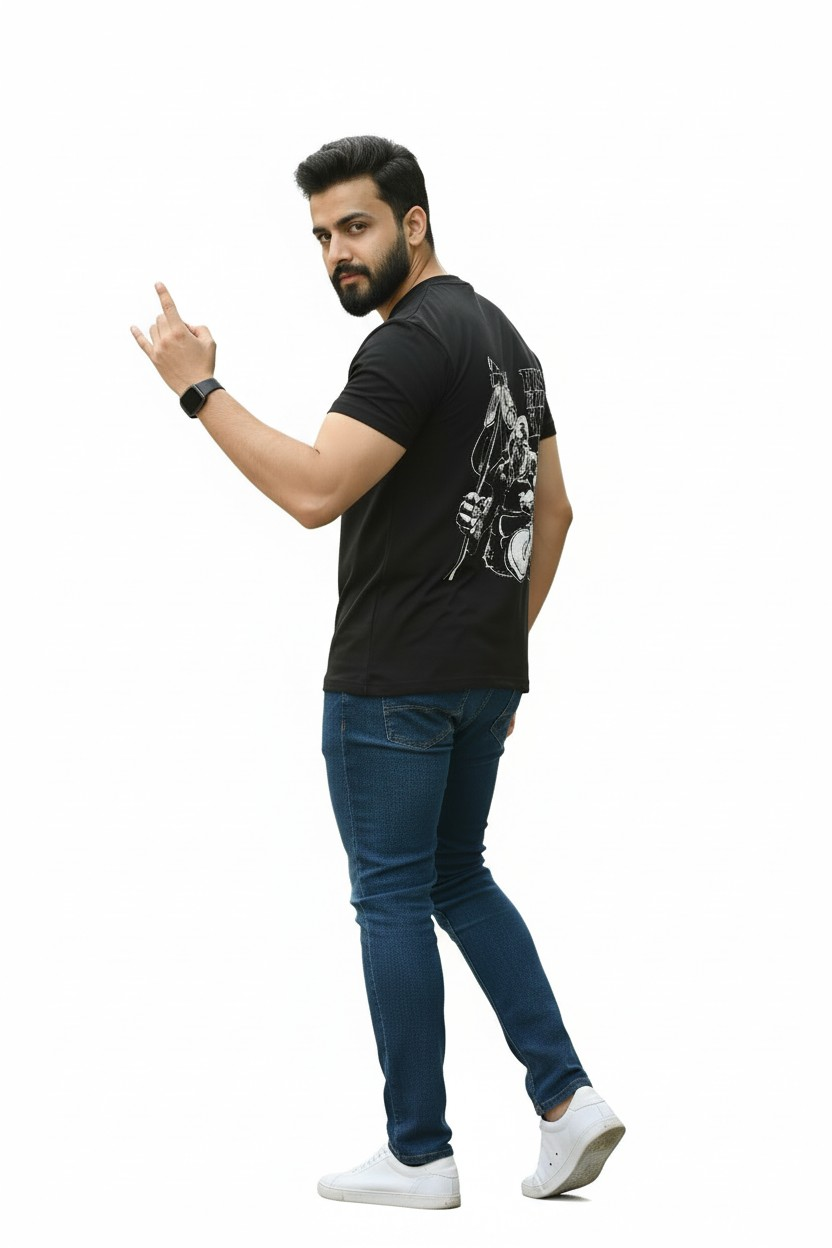 Man wearing a black t-shirt with a graphic design, blue jeans, and white sneakers on a white background