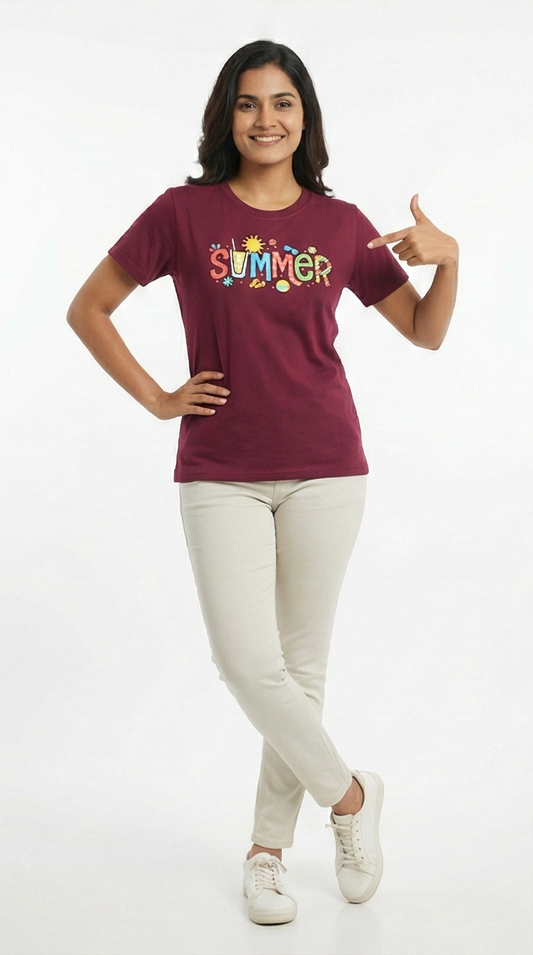 Woman wearing a maroon t-shirt with 'Summer' text on a white background